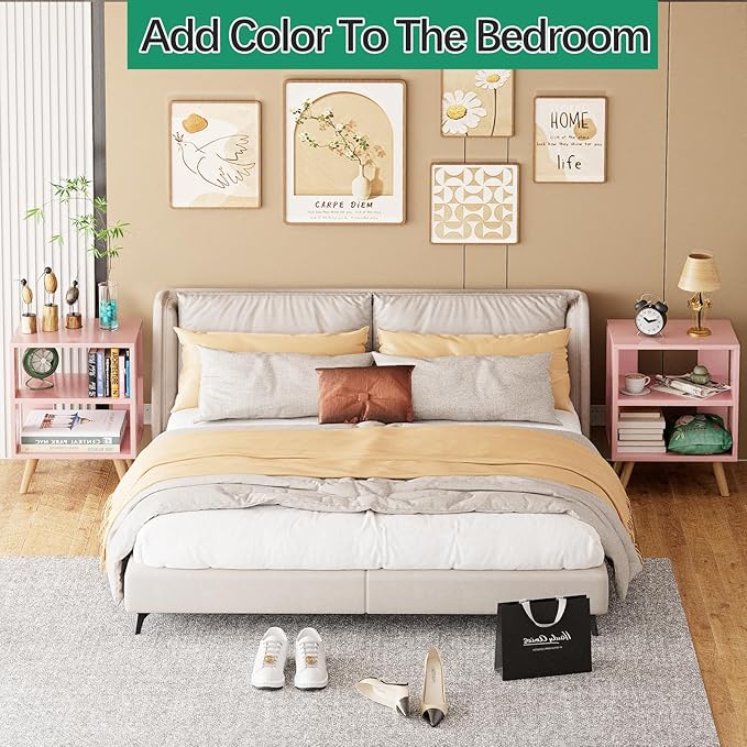 Night Stand, Pink Kids Nightstand, Modern End Table with Open Storage, 2-Tier Nursery Bedside Table for Small Space, Living Room, Bedroom