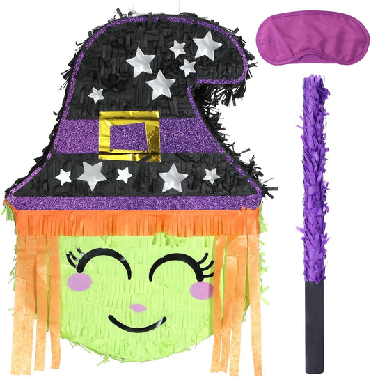 Halloween Witch Pinatas Bundle with a Blindfold and Bat (16.5x12.5x4 Inches), Wizarding Theme Birthday Party