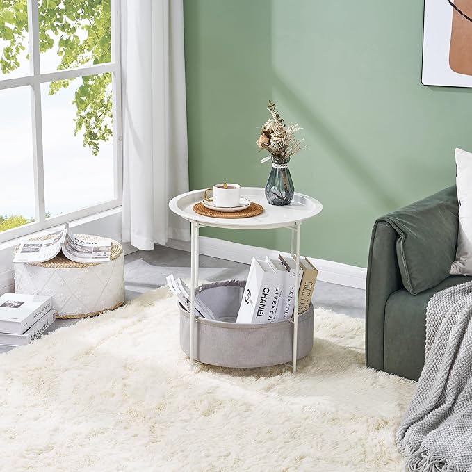 VECELO Round Side/End Table with Fabric Storage Basket，Metal Anti-Rust and Waterproof Small Bedside Nightstand with Removable Tray Top for Living Room，Balcony & Laundry，Beige/2pcs with Basket