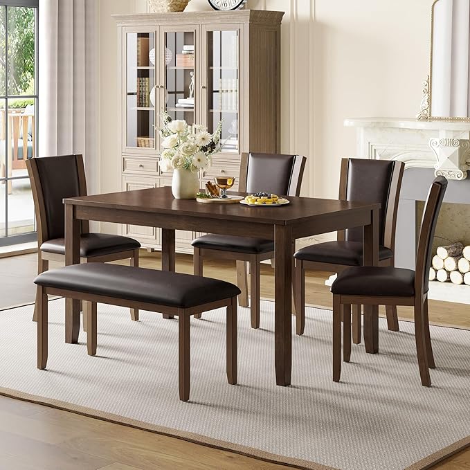 Ball & Cast 6 Piece Dining Table Set with 4 Upholstered Chairs & 1 Bench,Farmhouse Wooden Living Room Furniture for 6 W/ 58.5" Rectangle Kitchen Desk,for Restaurant,Home Bistro,Dining Room,Dark Walnut