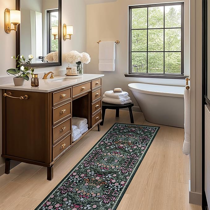 Runner Rug for Entryway: 2x6 Kitchen Rugs Non Slip Washable Ultra-Thin Soft Floral Carpet Indoor Floor Stain Resistant Carpets for Hallway Bedroom Kitchen Laundry Bathroom Dorm Dark Green