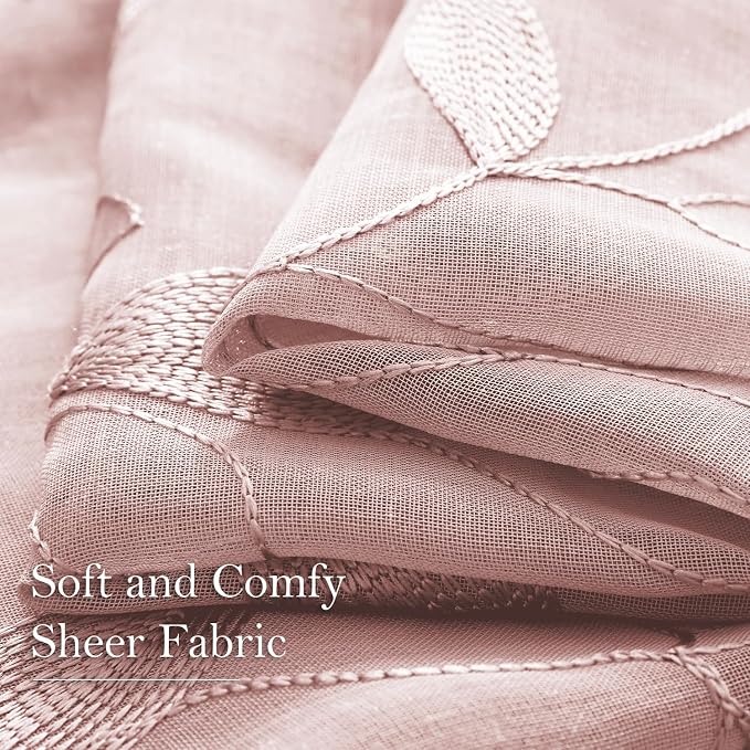 HOMEIDEAS Blush Pink Floral Sheer Curtains 84 Inches Long 2 Panels Embroidered - Image 5
