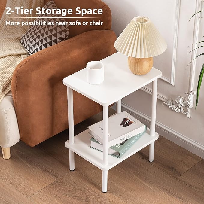 Apicizon 2 Tier End Table Set of 2, Small Side Table with Solid Wood Legs, Boho Bedside Table with Storage Shelf, Nightstand for Small Spaces, Bedroom, Living Room, Entryway, Easy Assembly, White