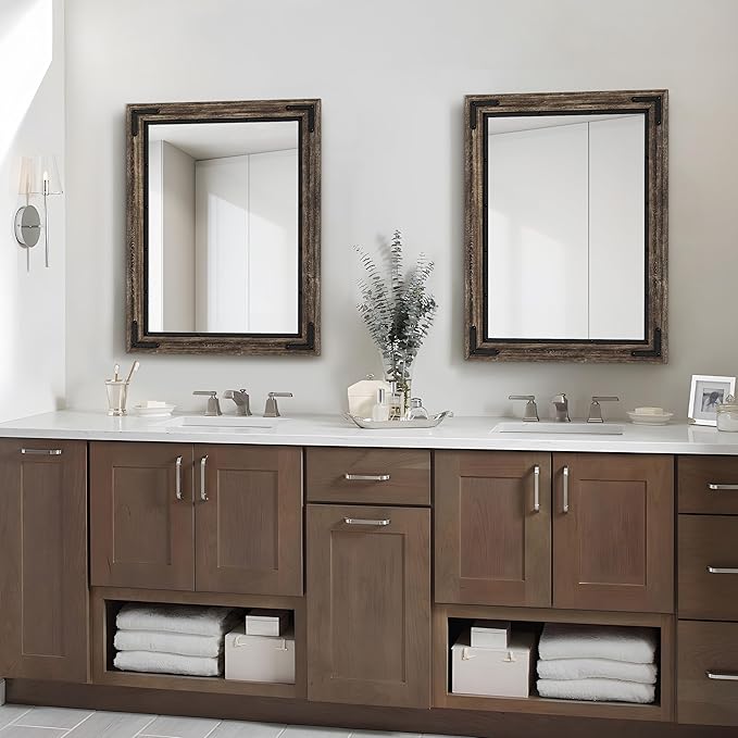 YOSHOOT Farmhouse Bathroom Mirror, Rustic Wood Mirror, Wooden Framed Vanity Mirror, Solid Wood & Handmade, Vertical or Horizontal Hanging for Bathroom Entryway Living Room Bedroom, 40" x 30", Brown