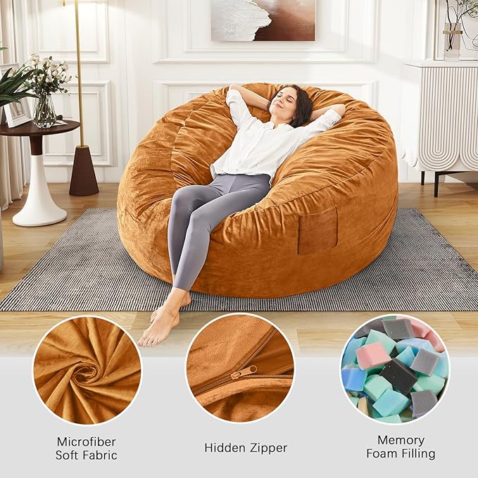 Bean Bag Chairs for Adults - Giant Bean Bag Chair Convertible Bean Bag Bed - Beanbag Chair with Micro Fiber Cover/Furniture Foam Filler - Floor Couch Sofa in Bedroom Dorm Room - Full Golden Brown