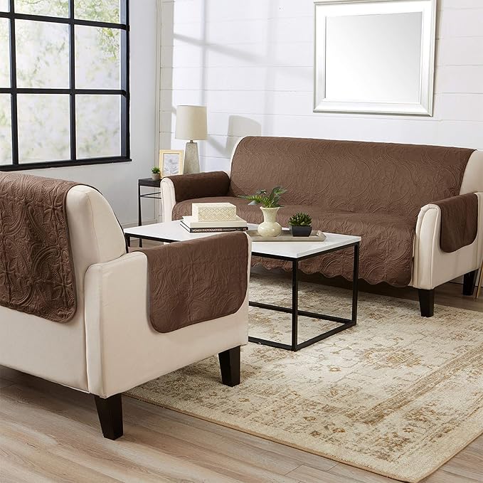 Great Bay Home Medallion Stitched Solid Furniture Protector Stain Resistant Durable Furniture Protector Elenor Collection (Chair, Chocolate/Taupe)