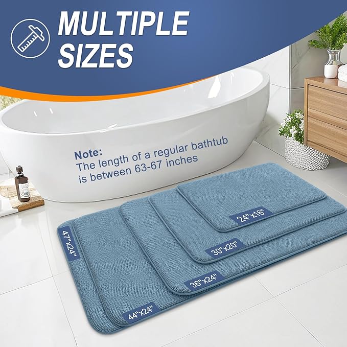 OLANLY Thick Memory Foam Bath Mat Rug 44x24, Extra Soft Absorbent Bathroom Rug, Quick Dry Bath Mats, Non-Slip, Machine Washable Carpet for Bathroom, Tub and Shower, Home Decor Accessories, Airy Blue