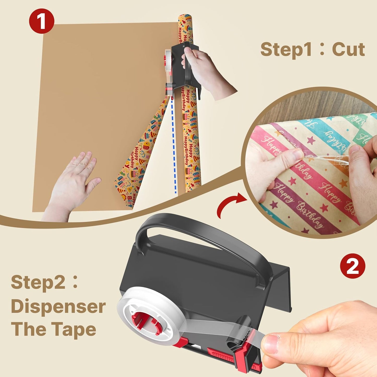 (2-Pack) Wrapping Paper Cutter & Tape Dispenser Dual Use with 4 Tapes，2 Replace Blades Kit for Christmas Gift Wrap Cutter Tool Paper Roll Holder Tube Sliding Slicing for Birthday Holiday.