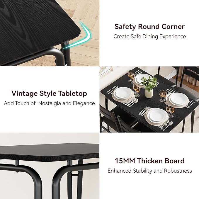 5 Piece Dining Table Set for 4, Compact Square Table Chairs, Sturdy MDF Top, Metal Frame, Space-Saving Breakfast Set for Kitchen, Apartment, Office, Easy Assembly Wipe-Clean