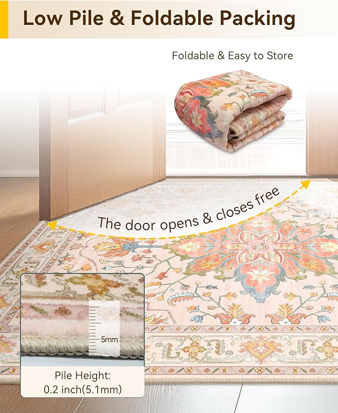 Area Rugs 8ft Washable Non-Slip, Floral Vintage Distress Print Pattern - Image 5