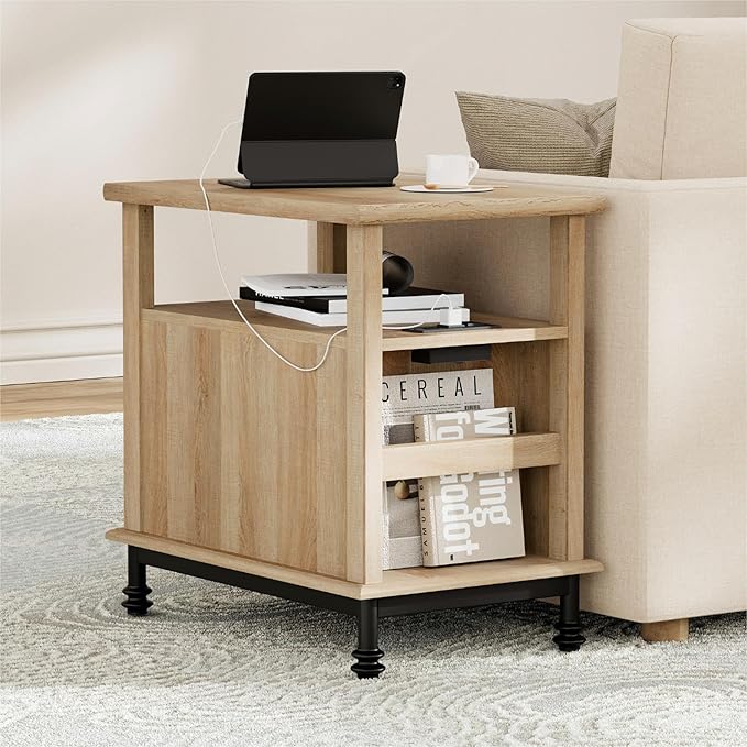 WAMPAT Oak End Table with Charging Station, Sofa Side Table with Storage Cabinet for Living Room, Light Wood Bedside Table with Metal Leg, Farmhouse Nightstand for Bedroom