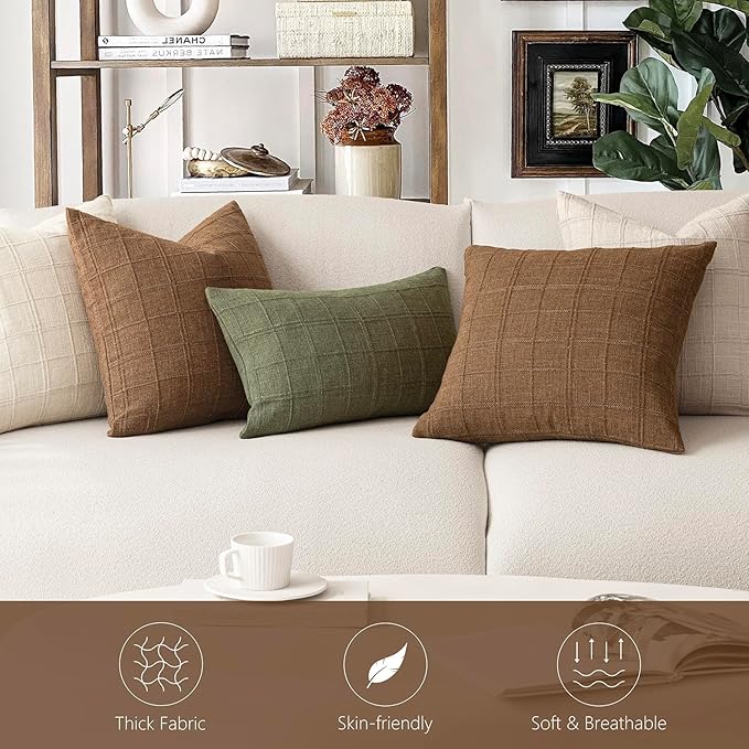 Foindtower Set of 2 Decorative Linen Check Throw Pillow Covers Neutral Farmhouse Lumbar Cushion Covers Modern Boho Home Decor for Sofa Chair Couch Bedroom Living Room Outdoor,12×20 Inch,Brown Hazel