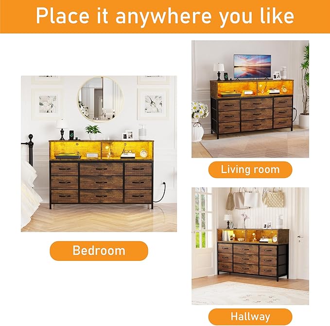 Dresser for Bedroom, 9 Drawers Led Dresser TV Stand with Power Outlets and LED Lights, Long Fabric Dressers Wide Chest of Drawers with Large Organizer for Living Room, Entryway, Hallway