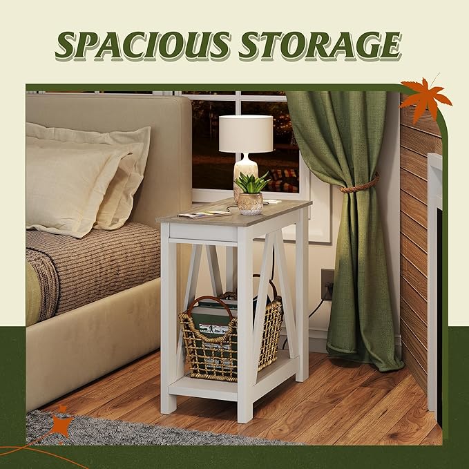 WLIVE Farmhouse End Table, Narrow Side Table with Charging Station, Slim End Table, Side Table for Bedroom, Living Room, Small Spaces, with 2 USB and 2 Power Outlets, 11.8" D x 23.6" W x 23.74" H