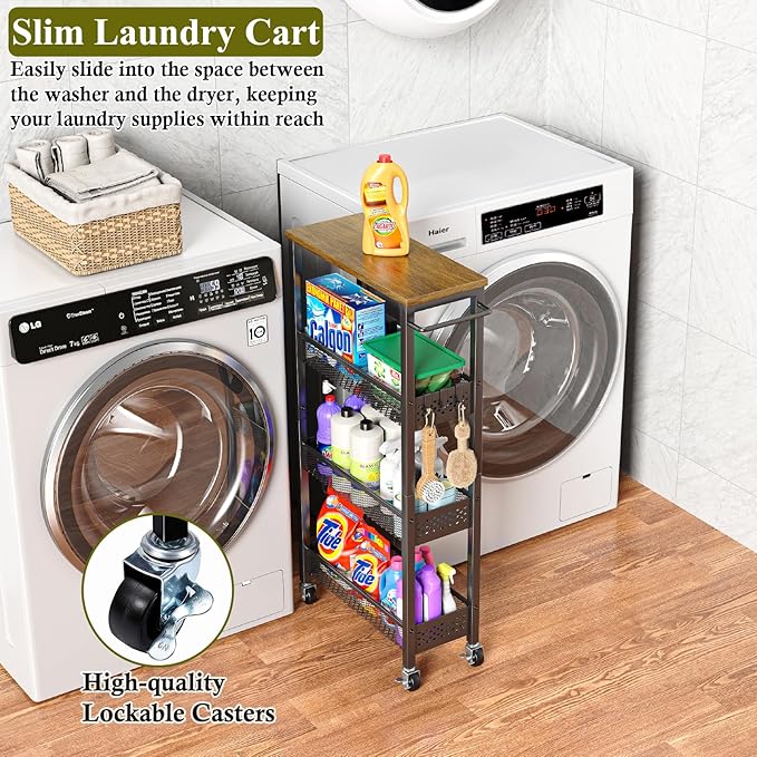 Utility Slim Storage Cart, 4 Tier Small Rolling Kitchen Laundry Room Cart with Wood Top, Metal Narrow Bathroom Storage Cabinet Mobile Shelf Unit Organizer Trolley with Handle for Narrow Space