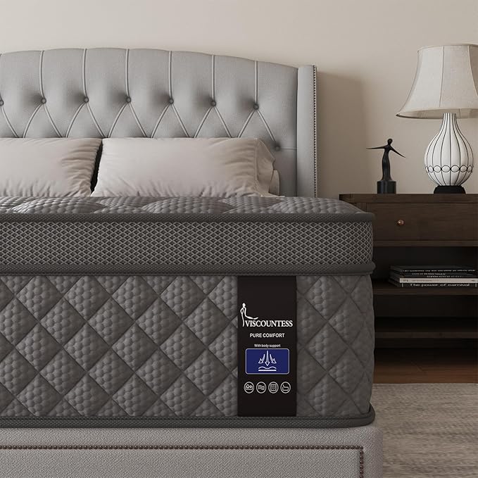 Full Mattress, 10 Inch Euro Top Mattress Grey Hybrid Medium Firm for Back & Lumbar Support, 100 Night Trial, Individual Pocket Spring for Motion Isolation & Pressure Relief