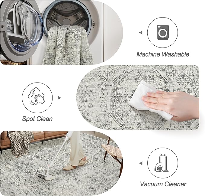 5x7 Area Rugs Grey Low Pile Indoor Washable Trendy Faded Style Floral Rugs - Image 4