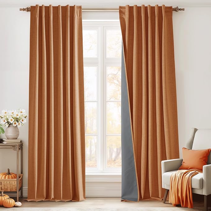 RYB HOME Burnt Orange Total Blackout Curtains Linen Texture, Fall Curtains by RYBHOME