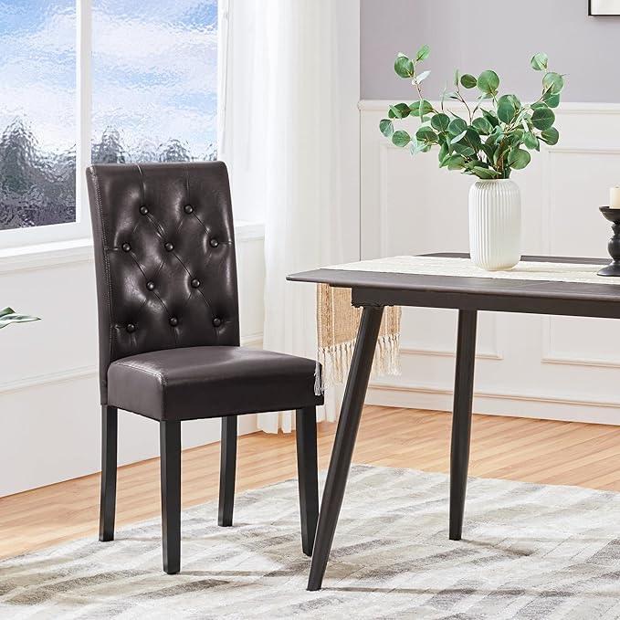 Yaheetech Dining Chairs Set of 6 Modern Style Faux Leather Dining Room Chairs with Solid Wood Legs and Button Tufted Padded for Home Kitchen, Brown