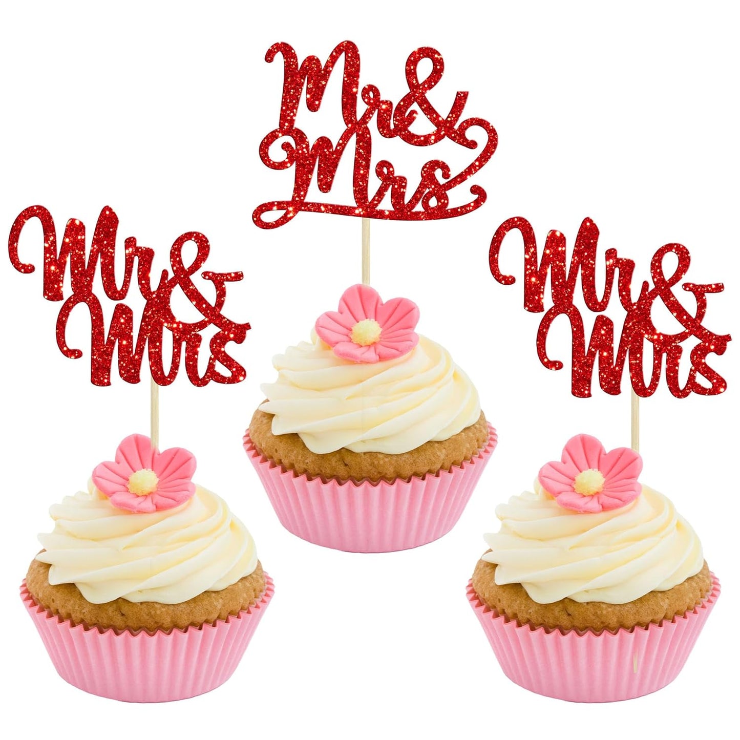 Gyufise 36Pcs Mr & Mrs Cupcake Toppers Glitter Bridal Shower Cupcake Picks for Wedding Engagement Birthday Anniversary Party Cake Decorations Supplies Red