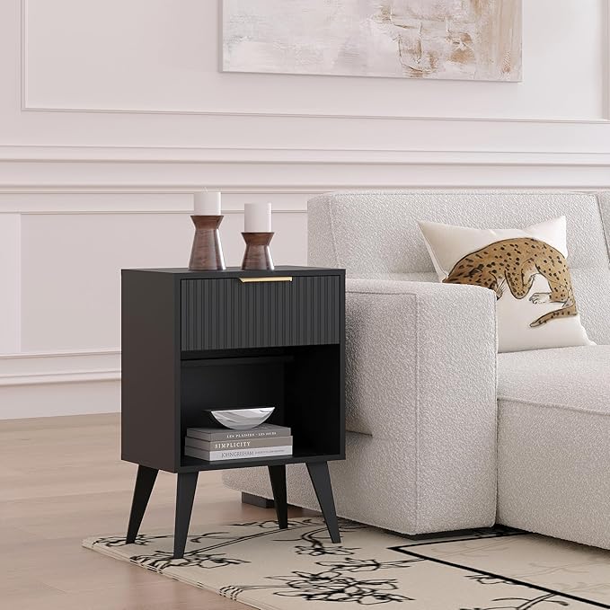 Fluted Night Stand with Opening Storage,Mid Century Bedside Table with Drawer,Modern Nightstand with Solid Wood Legs,End Table Side Table for Living Room,Bedroom,Black CTG56BK