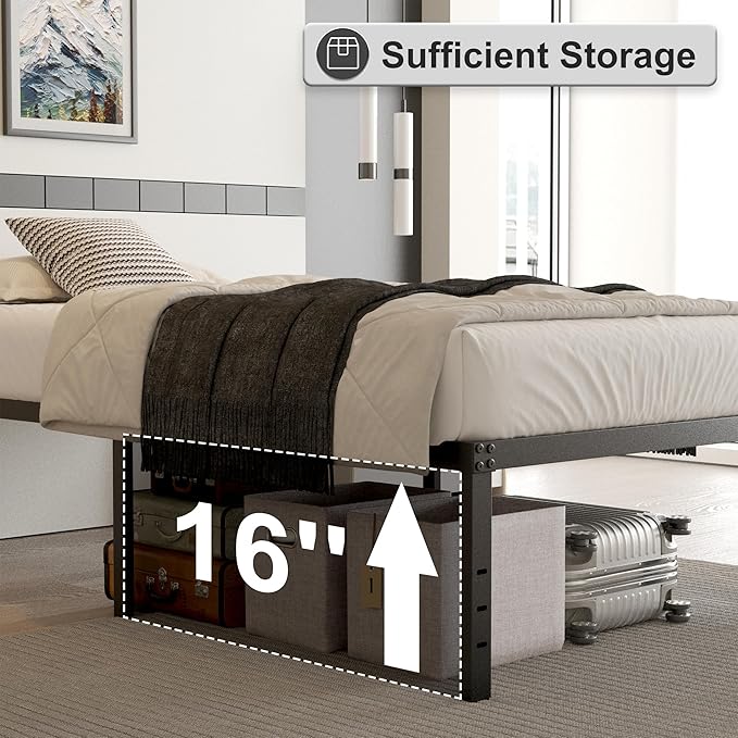 18 Inch Twin Bed Frames with Black Bed Cover, Metal Twin Size Bed Frame No Box Spring Needed, Heavy Duty Mattress Foundation, Easy Assembly, Noise Free