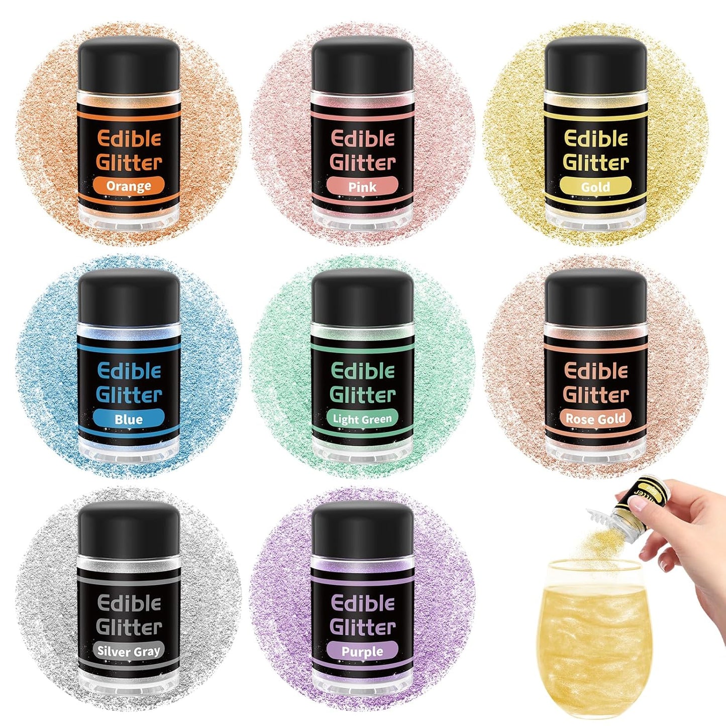 JIUPIN Edible Glitter - 8 Colors Luster Dust Edible, Edible Glitter Powder, Food Grade Cake Decorating Shimmering Glitter for Drinks, Chocolate, Candy, Chocolate - 3g/bottle