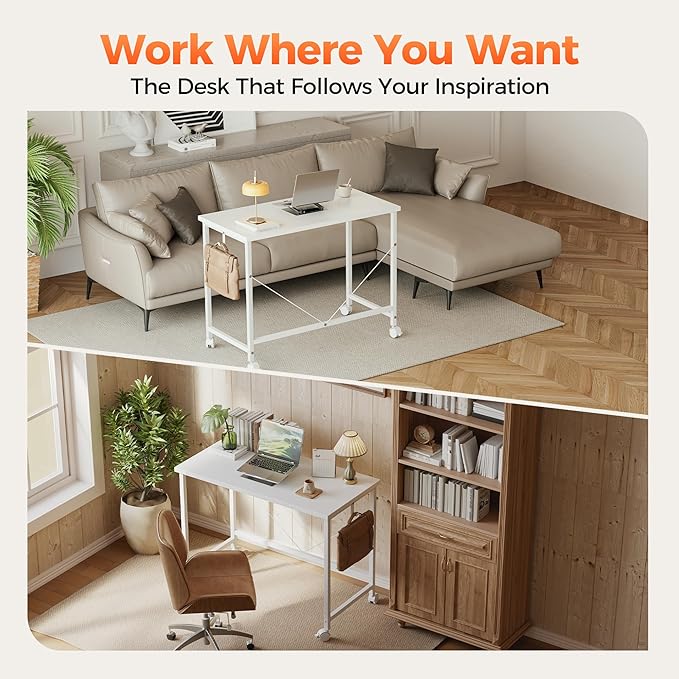 Rolling Computer Desk with Wheels, Gaming Desk for Small Spaces, Modern Simple Style Table for Home Office, Study Writing Table (Caster, White, 48 inch)