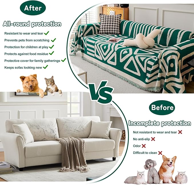 HANDONTIME Dark Green Couch Cover Boho Sofa Covers Washable Forest Green Dog Covers for Couches Reversible Couch Blanket Cover Geometric L Shaped Couch Covers for 2 3 Couch Cushion Cover, 91" X150"