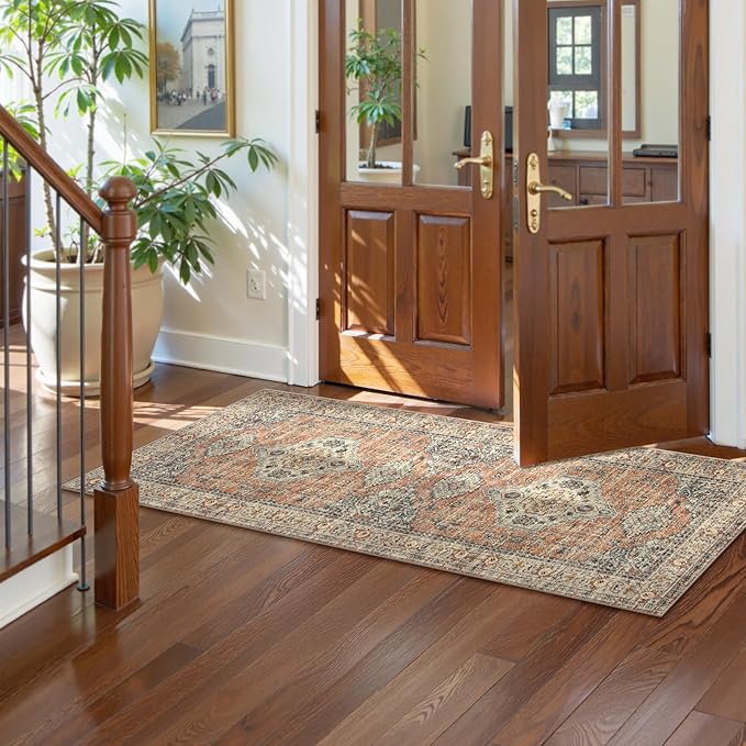 Lahome Oriental Washable Rug Runners for Hallways, 2x5 Kitchen Runner Rug Non Slip with Rubber Backing Ultra-Thin Vintage Carpet for Bedroom Bathroom, Peach/Orange