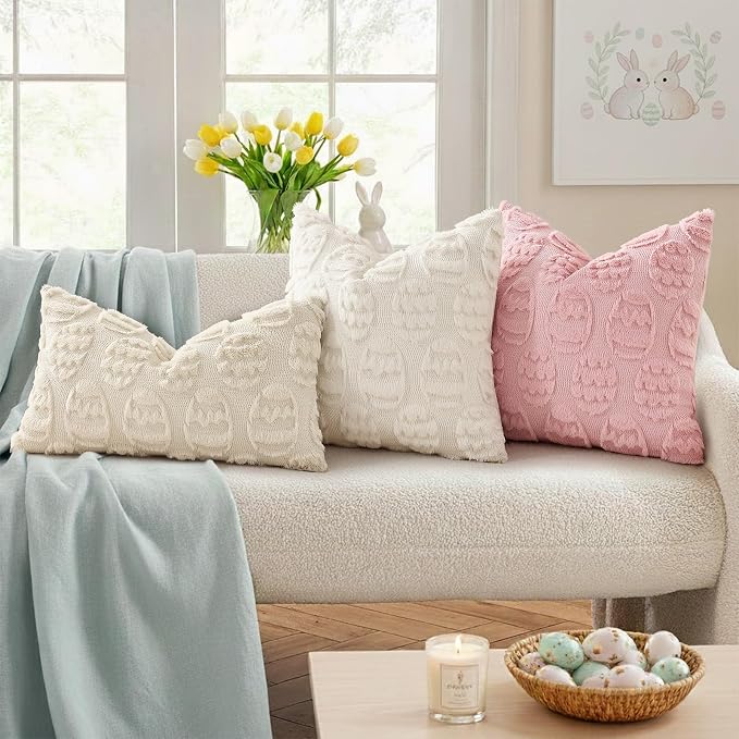 decorUhome Easter Cream White Egg Pillow Covers 16x16 Inch Set of 2, Soft Plush - Image 3