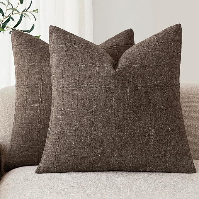 Foindtower Set of 2 Decorative Linen Check Throw Pillow Covers Neutral Farmhouse Vintage Cushion Covers Modern Boho Home Decor for Sofa Chair Couch Bedroom Living Room Outdoor,22×22 Inch,Dark Brown