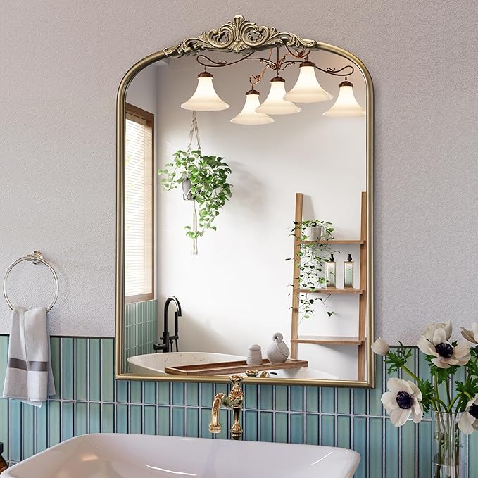 Arched Antique Wall Mirror, 22"x30" Vintage Gold Bathroom Vanity Mirror, Ornate Arch Bronze Mirror for Over Sink/Fireplace/Entryway