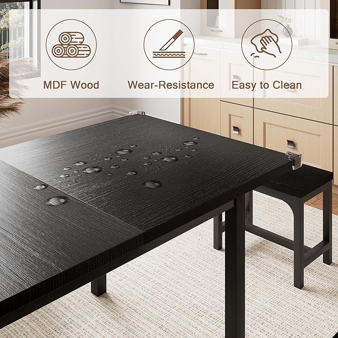 5-Piece Dining Table Set for 4-6, 63" Extendable Kitchen Table with 2 Benches & 2 Stools, Metal Frame & MDF Board, Farmhouse Space-Saving Dinette for Kitchen, Dining Room, Black