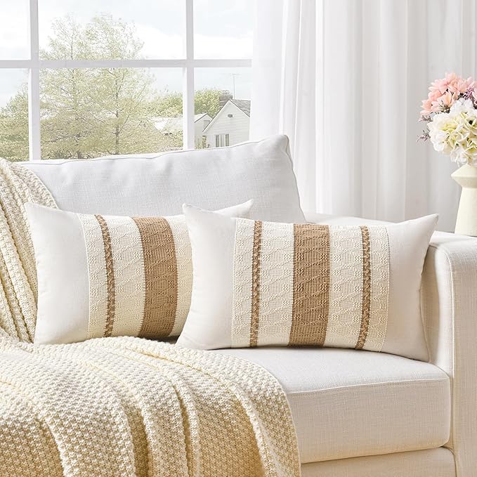 Fancy Homi Set of 1 Boho Neutral Lumbar Decorative Throw Pillow Cover 12x20 Inch - Image 2
