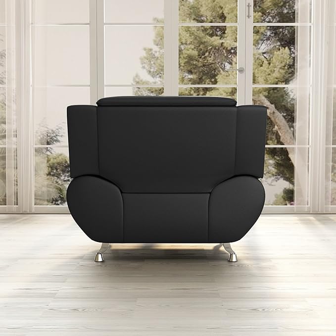 Container Furniture Direct Michael Modern Faux Leather Upholstered Stainless Steel Legs Living Room, Chair, Midnight Black