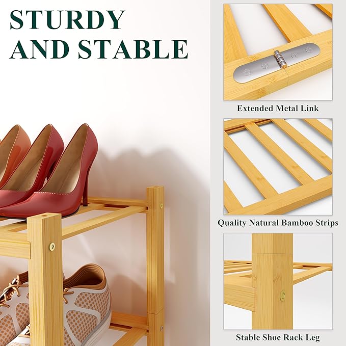 Smiry Shoe Rack, 3 Tier Long Bamboo Shoe Organizer, Stackable Free Standing Wooden Shoe Storage Shelf for Closet, Entryway, Front Door Entrance, Natural