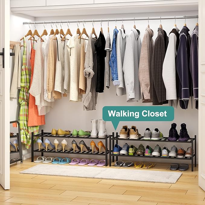 Black Shoe Rack, 2-Tier Long Shoe Rack for Entryway, Bamboo Wood Shoe Shelf for Closet & Hallway, Long 33IN | Beautiful | Functional | Sturdy | Durable