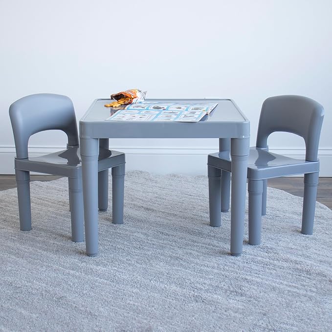 Humble Crew Kids Plastic Table and 2 Chairs Set, Grey Table with Chairs, Lightweight Toddler Activity Table for Ages 3-6, Easy Snap-Together Assembly, Durable Playroom Furniture