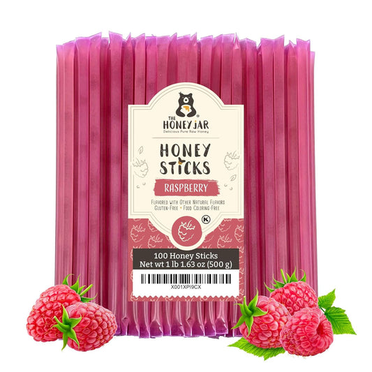 The Honey Jar Raspberry Flavored Honey Sticks - Pure Honey Straws For Tea, Coffee, or a Healthy Treat - One Teaspoon of Flavored Honey Per Stick - Made In The USA with Real Honey - (100 Count)