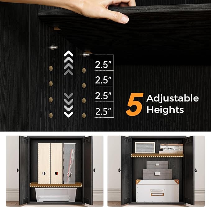 Casaottima Bookshelf and Bookcase with Doors and Drawer, Floor Standing 6-Tier Shelf Display Storage Shelves, Tall Bookcases for Home Office, Living Room, Black