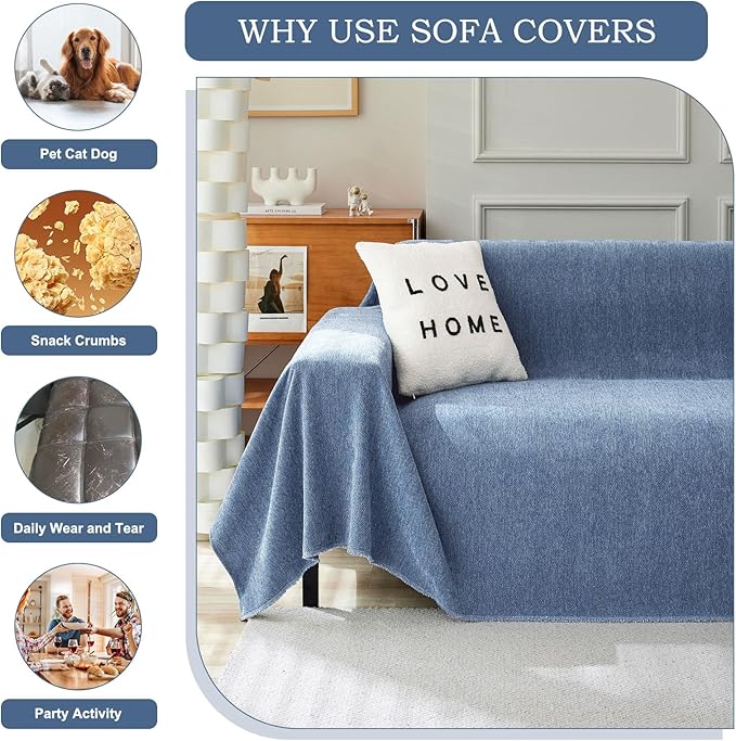 STACYPIK Non Slip Blue Couch Covers Chenille Sofa Cover for Dogs, Herringbone Pet Protector for 2 Cushion Couch, Loveseat Cover for Sectional, Washable Furniture Cover Versatile Throw Blanket-71x118IN