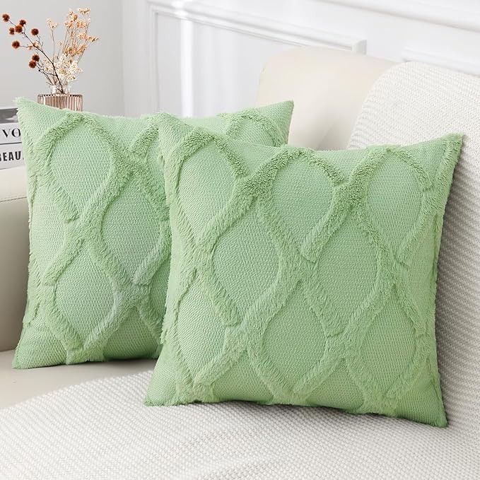 decorUhome Throw Pillow Covers 26x26 Inch Set of 2, Soft Plush Faux Fur Wool Sage Green Couch Pillow Covers, Decorative Neutral Pillow Cases for Bed Sofa Living Room Home Decor