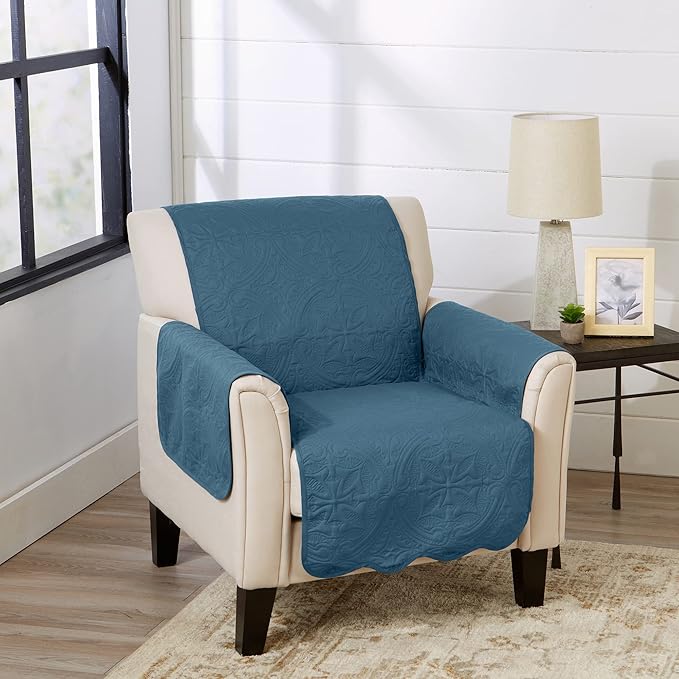 Great Bay Home Medallion Stitched Solid Furniture Protector Stain Resistant Durable Furniture Protector Elenor Collection (Chair, Smoke Blue/Ivory)