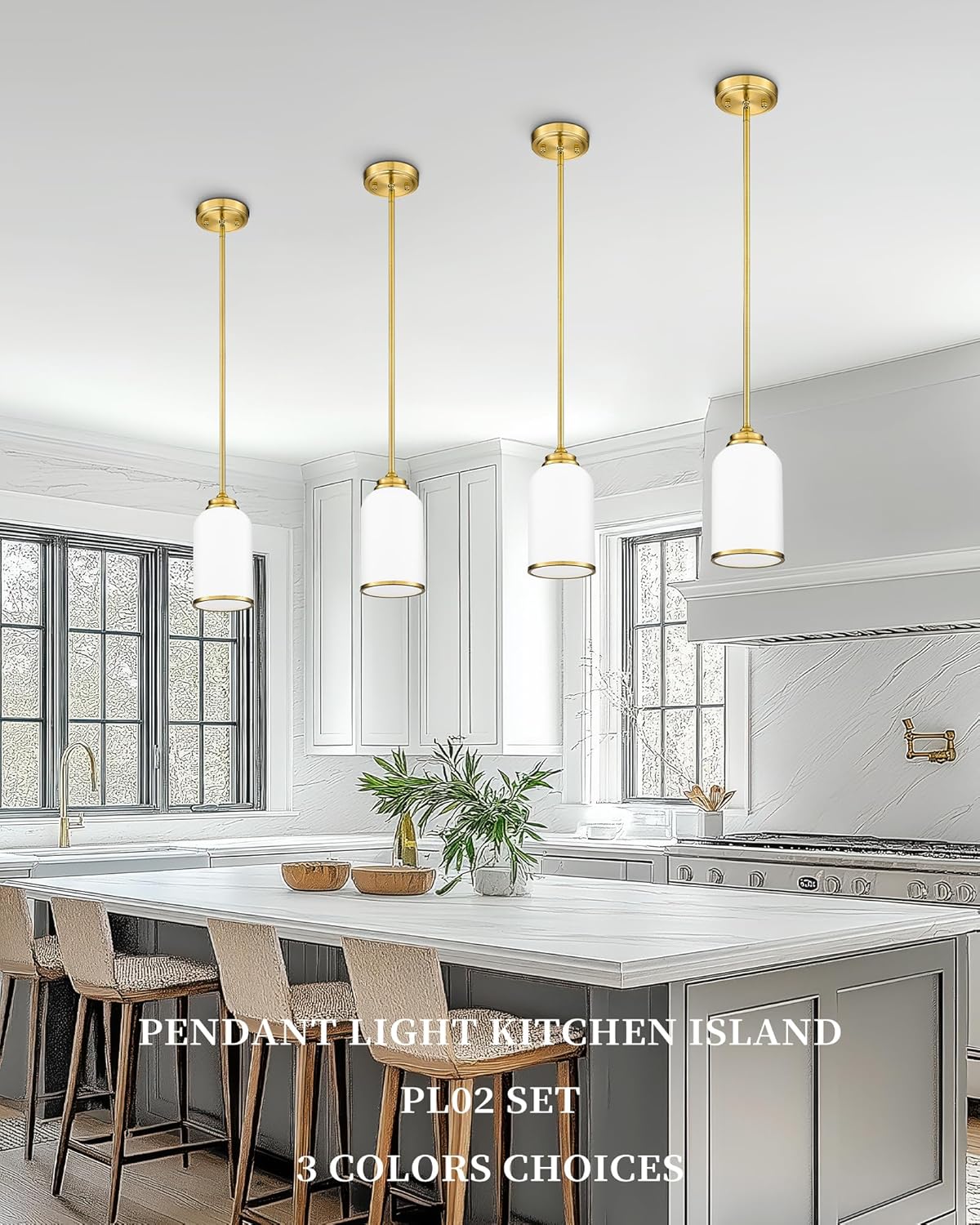 LIROUVET 2 Pack Pendant Lights, Vintage Hanging Lamp, Brushed Gold Pendant Lights Kitchen Island with Milk Glass, Pendant Lighting for Dining Room PL02 MGBG-2PK