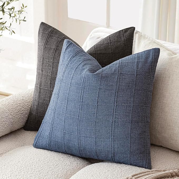 Foindtower Set of 2 Decorative Linen Check Throw Pillow Covers Neutral Farmhouse Vintage Cushion Covers Modern Coastal Boho Home Decor for Sofa Chair Couch Bedroom Living Room Outdoor,20×20 Inch,Blue