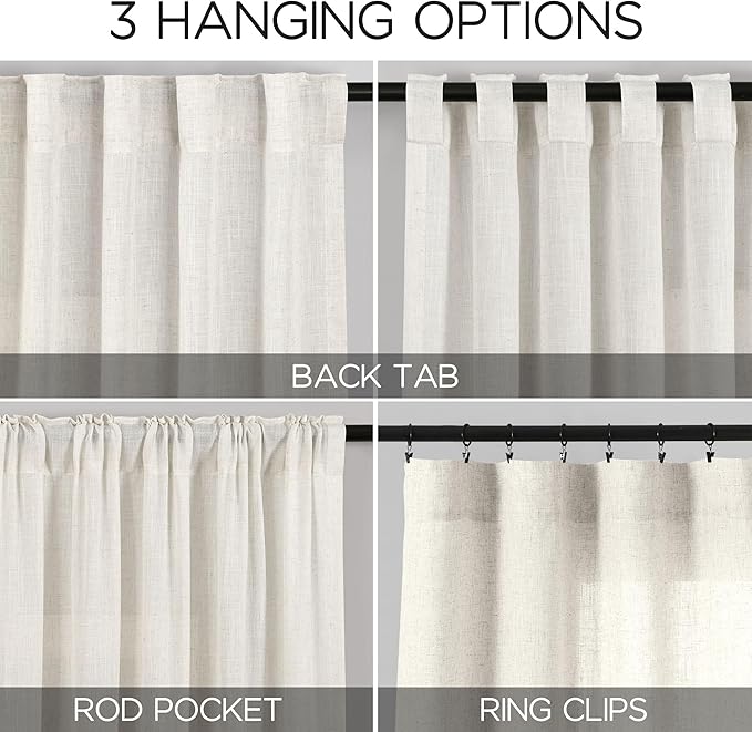 Cream Semi Sheer Linen Curtains 102 Inch Long Curtains Back Tab Rod Pocket 2 - Image 3