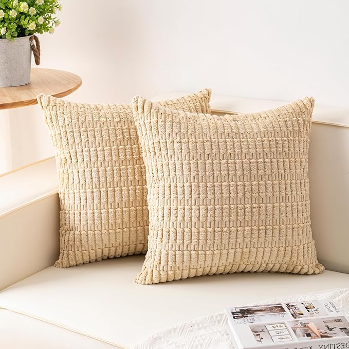 Pack of 2 Corduroy Decorative Throw Pillow Covers 24x24 InchSoft Striped Pillow by Unknown