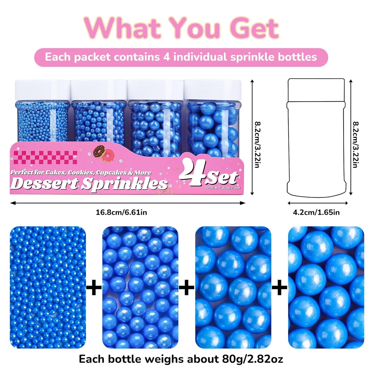 Blue Pearl Sprinkles for Cake Decorating, 11.3 Oz Edible Pearls Sugar 4 Sizes Gift Box Set for Baking Cookie Ice Cream Cupcake Toppings