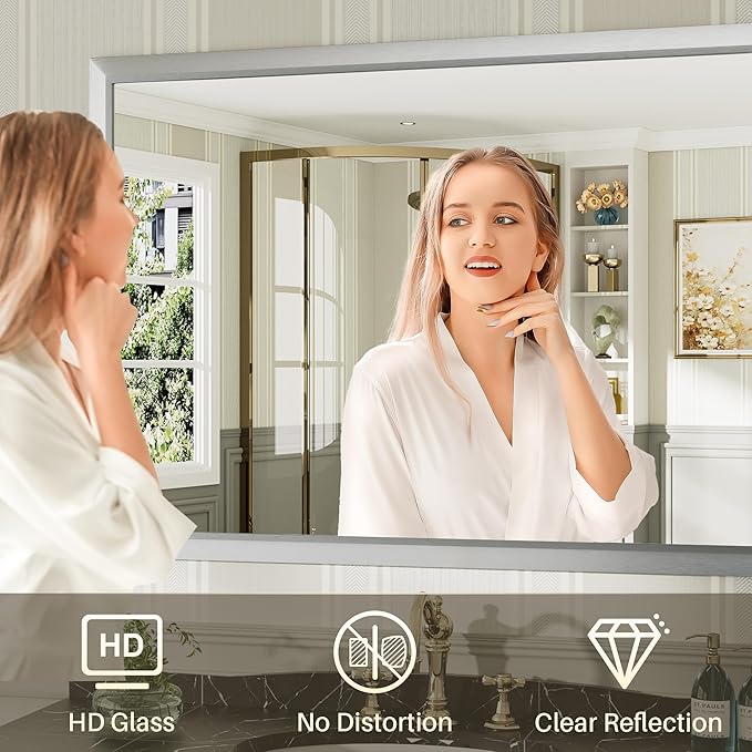 72x36 Inch Silver Bathroom Mirror for Wall, Thick Metal Framed Rectangle Mirrors for Over Sink, Bedroom, Living Room, Entryway, Anti-Rust, HD Tempered Glass